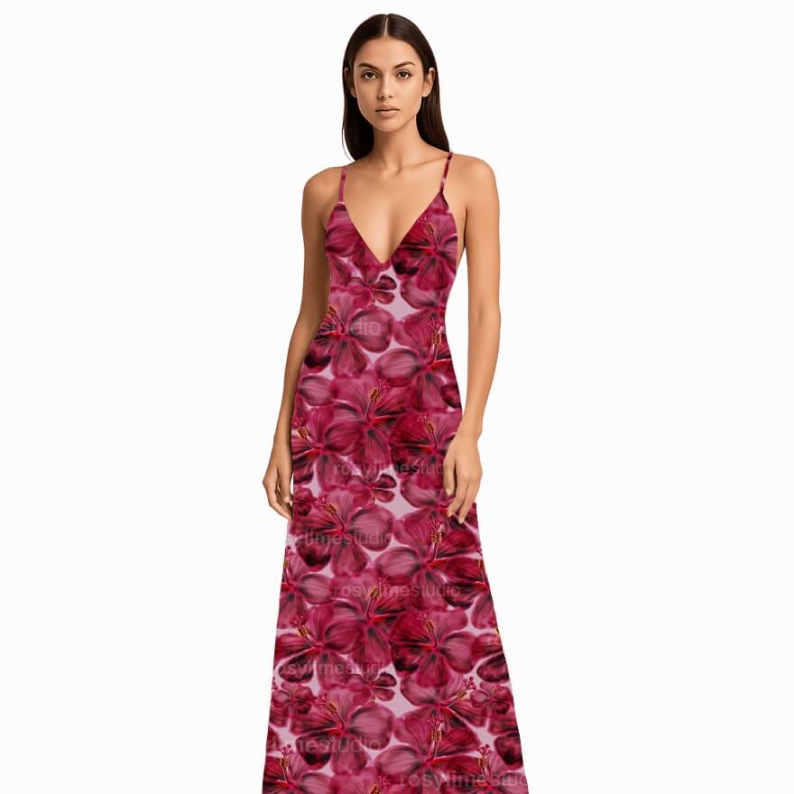 Seamless Pattern FL007EX-Watercolor red hibiscus flower - Image 2